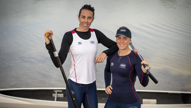 West Lakes Canoe Club Olympic paddlers Bernadette Wallace and Josie Bulmer at West Lakes on February 20. Picture: AAP/MIKE BURTON