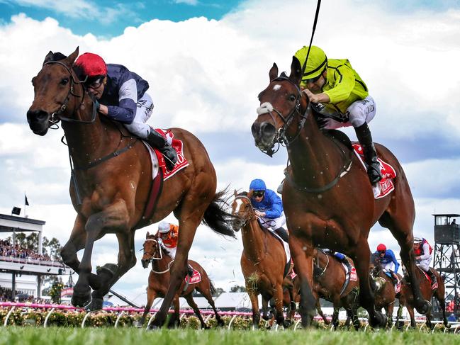 2016 Melbourne Cup at Flemington race track. 1st November , Melbourne Australia.   Emirates Melbourne Cup over 3200 metres. Winner no 17 Almandin ridden by Kerrin McEvoy , 2nd no 13 Heartbreak City ridden by Joao Moreira and 3rd no 6 Hartnell ridden by James McDonald.  Picture : George Salpigtidis