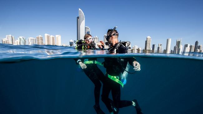 Surfacing. Some divers at the new Gold Coast dive attraction off The Spit.