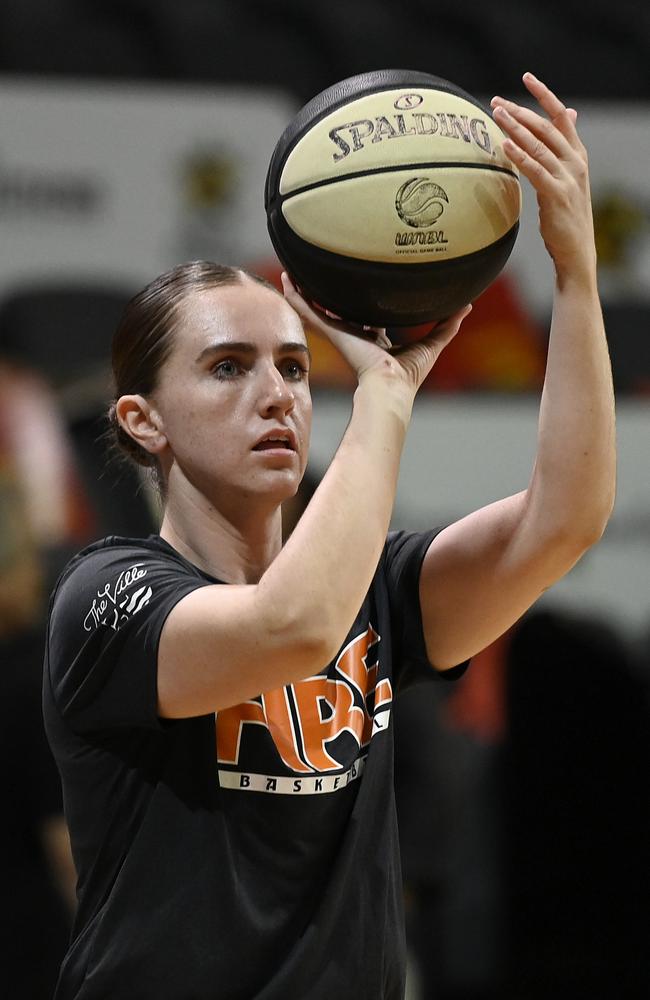 Courtney Woods of the Fire warms up before the start of game two of the WNBL Semi Final series between Townsville Fire and Perth Lynx at Townsville Entertainment Centre, on February 26, 2025, in Townsville, Australia. (Photo by Ian Hitchcock/Getty Images)