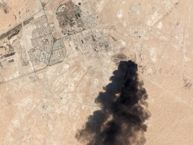 A satellite image shows damage to oil/gas infrastructure from weekend drone attacks at Abqaig, the latest incident to send tensions soaring in the Middle East. Picture: HO/PLANET LABS INC/AFP