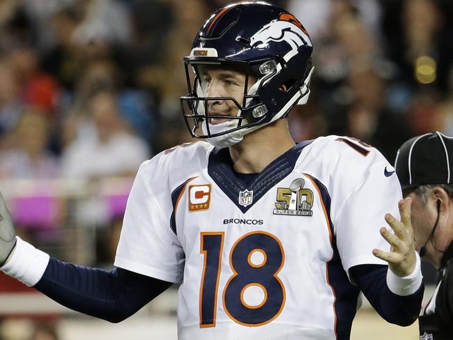 Denver Broncos’ Peyton Manning (18) reacts after getting sacked during the second half of the NFL Super Bowl 50 football game against the Carolina Panthers, Sunday, Feb. 7, 2016, in Santa Clara, Calif. (AP Photo/Julio Cortez)