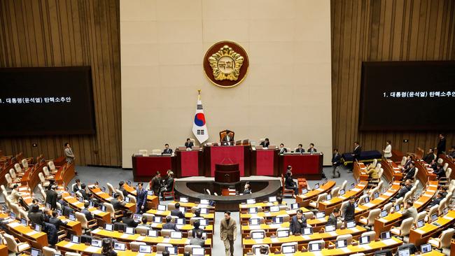 South Korean politicians cast their votes during a plenary session for the impeachment vote of President Yoon Suk Yeol at the National Assembly in Seoul. Picture: AFP