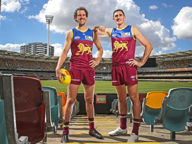 Lions ruckmen Darcy Fort (left) and Oscar McInerney have formed an impressive combination. Picture: Zak Simmonds