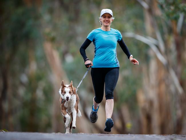 Chief public health officer Professor Nicola Spurrier with her dog Daisy at Belair National Park. Organisers say she could lead the event. Picture: Matt Turner