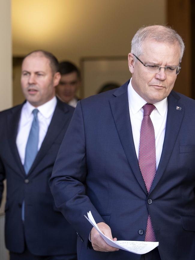 Prime Minister Scott Morrison (right) with Treasurer Josh Frydenberg at Parliament House last week. Picture: Gary Ramage