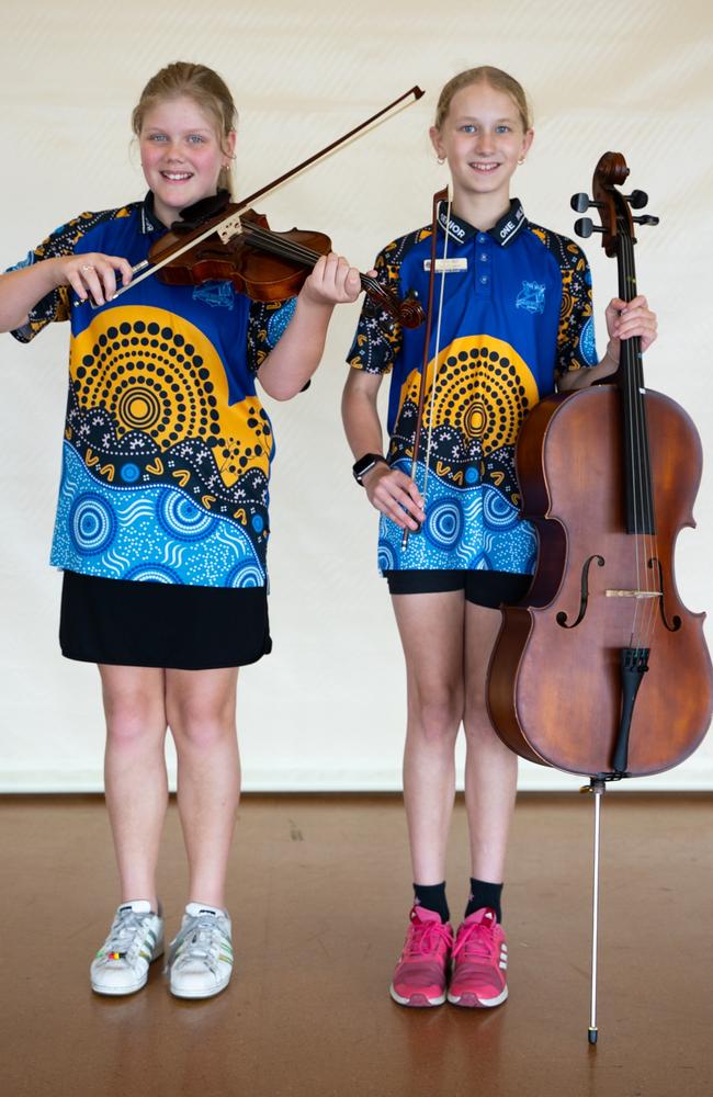 Molly Cork and Tully Bell prepare for the small instrumental ensemble strings (primary school) at the Gympie Eisteddfod. August 1, 2023. Picture: Christine Schindler