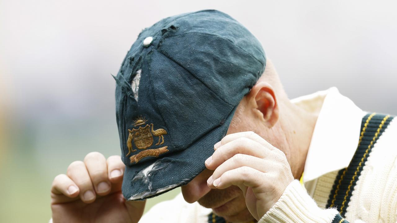 The tattered baggy green cap that has gone missing from David Warner’s possession. Picture: Getty