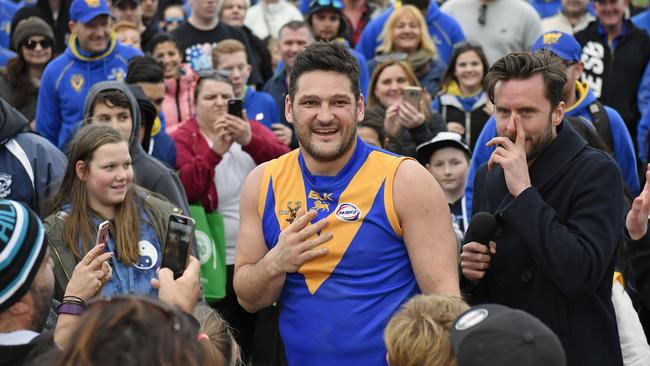 Brendan Fevola celebrates Deer Park’s 2016 premiership triumph. Picture: Andy Brownbill