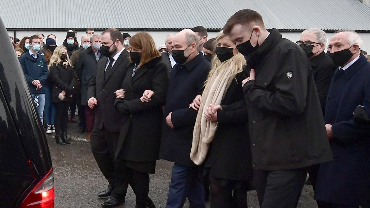 Ms Murphy’s brother Cathal, mother Kathleen, father Raymond, sister Amy and boyfriend Ryan Casey at the funeral. Picture: Charles McQuillan/Getty Images