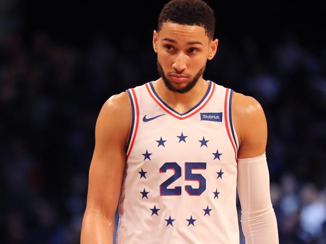 NEW YORK, NEW YORK - APRIL 18: Ben Simmons #25 of the Philadelphia 76ers looks on in the first quarter against the Brooklyn Nets during game three of Round One of the 2019 NBA Playoffs at Barclays Center on April 18, 2019 in the Brooklyn borough of New York City. NOTE TO USER: User expressly acknowledges and agrees that, by downloading and or using this photograph, User is consenting to the terms and conditions of the Getty Images License Agreement.   Elsa/Getty Images/AFP == FOR NEWSPAPERS, INTERNET, TELCOS & TELEVISION USE ONLY ==