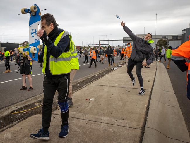 Tradies and protesters march on the West Gate Bridge. Picture: Mark Stewart