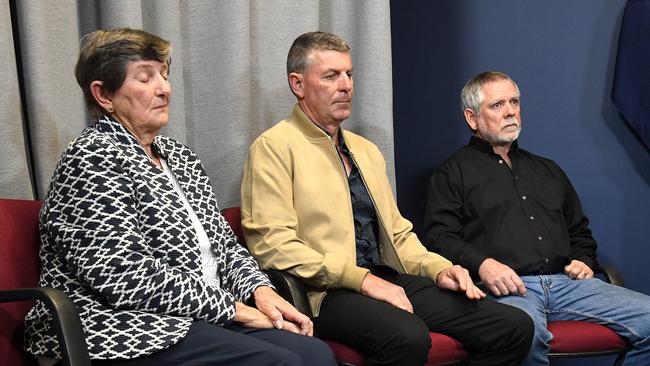 Linda’s mother Nancy Fein, brother Philipp Fein and husband Robert Reed pictured at a press conference after the arrest. Picture: AAP/Dave Hunt