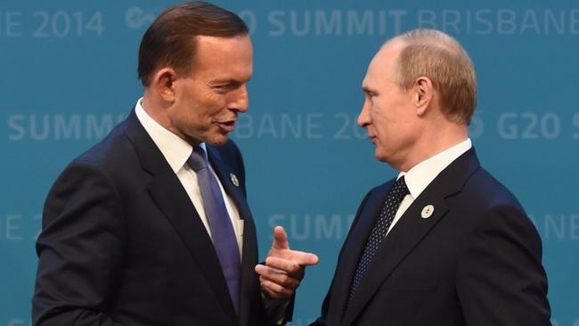 Tony Abbott’s ‘shirtfront’ moment with Russian President Vladimir Putin in 2014. Picture: AAP