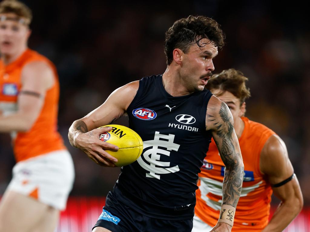 Zac Williams of the Blues in action during the 2024 AFL Round 06 match between the Carlton Blues and the GWS GIANTS at Marvel Stadium on April 20, 2024 in Melbourne, Australia. (Photo by Michael Willson/AFL Photos via Getty Images)