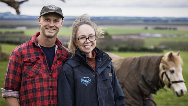 Lex and Rachael Moloney with pony Casper on their Dixie farm. Pictures: Nicole Cleary