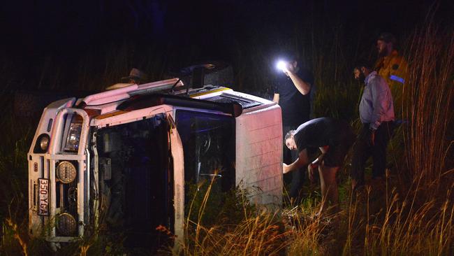 A ute rolled on the Bruce Highway at Nome. PICTURE: MATT TAYLOR.