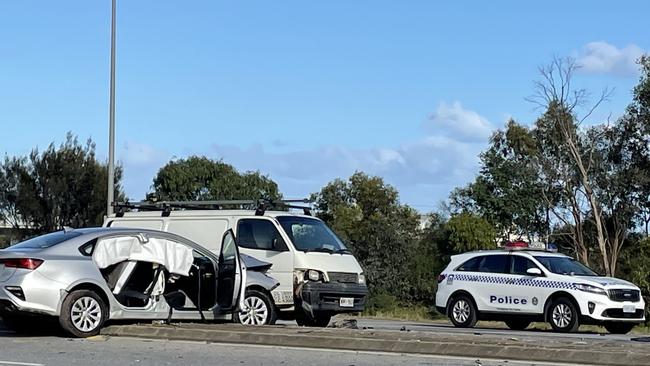 A woman has died and three other people have been taken to hospital following a crash on the Port River Expressway at Gillman on Tuesday night. Picture: Dean Martin