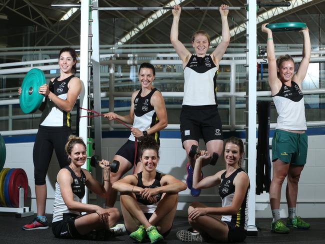 Australia's female track cyclists in the gym at the Adelaide SuperDrome. Photo: Tait Schmaal.