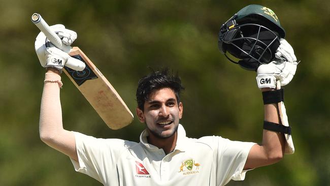 Jason Sangha, pictured after scoring a ton for Australia XI v England, is being tipped as the next big thing. Pic: Peter PARKS