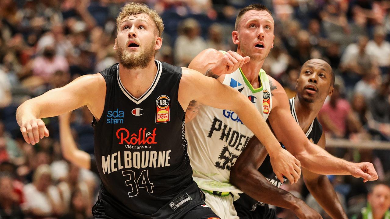 Boomers Jock Landale and Mitch Creek compete. Picture: Getty Images