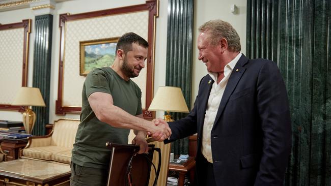 Ukraine President Volodymyr Zelensky and Australian billionaire Andrew "Twiggy" Forrest have announced a US$500 million investment in Ukrainian infrastructure to rebuild after the war. Picture: Supplied