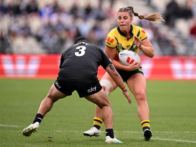 CHRISTCHURCH, NEW ZEALAND - OCTOBER 27: Jessica Sergis of Australia charges forward during the women's 2024 Rugby League Pacific Championships match between New Zealand Kiwi Ferns and Australia Jillaroos at Apollo Projects Stadium on October 27, 2024 in Christchurch, New Zealand. (Photo by Joe Allison/Getty Images)