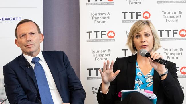 Warringah MP Tony Abbott and independent candidate for Warringah Zali Steggall at the Leadership Summit in PWC Barangaroo One International Towers earlier this month. Picture: Monique Harmer