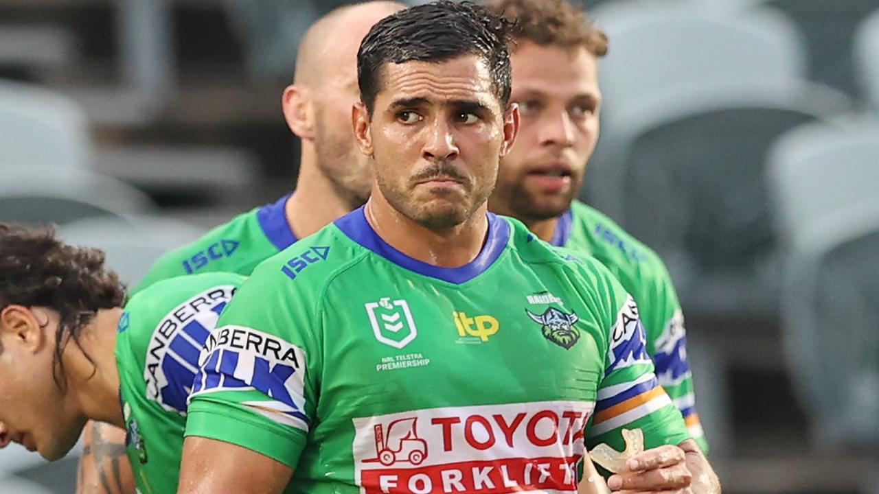 GOSFORD, AUSTRALIA - FEBRUARY 25: Jamal Fogarty of the Raiders looks on during the NRL Trial Match between the Manly Sea Eagles and the Canberra Raiders at Central Coast Stadium on February 25, 2022 in Gosford, Australia. (Photo by Ashley Feder/Getty Images)