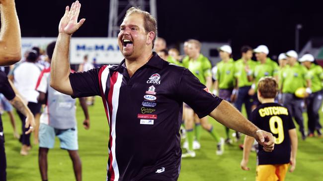 Southern Districts coach Shannon Rusca in better times, celebrating his side’s grand final win in 2018.