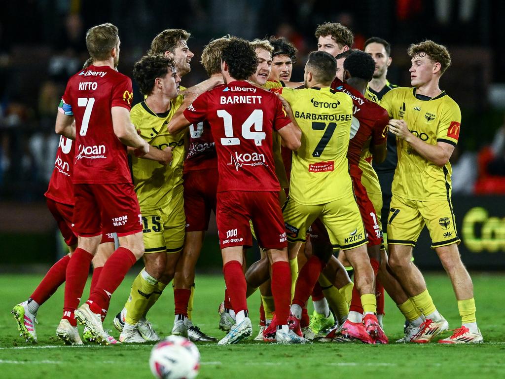 Players push and shove during a heated incident. Picture: Getty Images