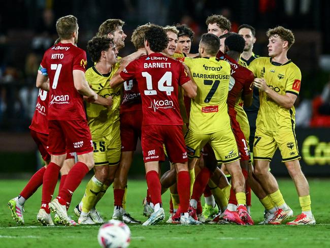 Players push and shove during a heated incident. Picture: Getty Images