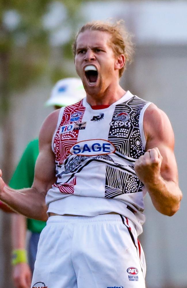 Jed Anderson celebrates for Southern Districts in the 2023-24 NTFL season. Picture: Celina Whan / AFLNT Media