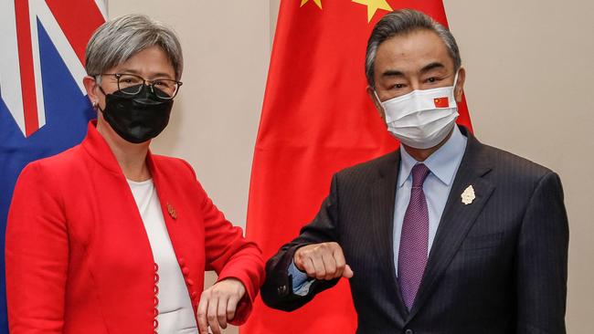 Foreign Minister Penny Wong with her Chinese counterpart, Wang Yi. Picture: AFP