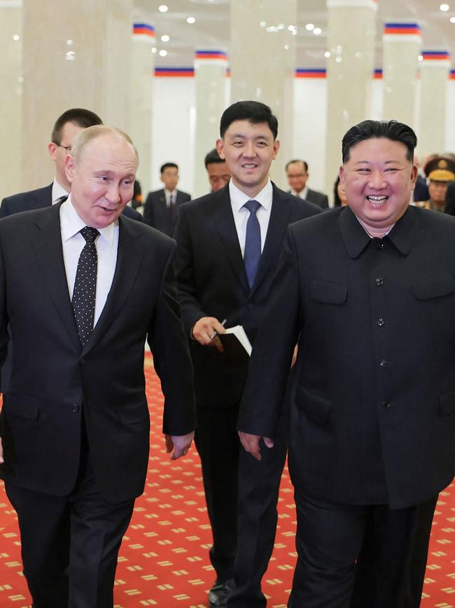 Kim Jong-un and Vladimir Putin after watching the welcome performance at the Pyongyang Gymnasium in Pyongyang. Picture; KCNA/AFP.