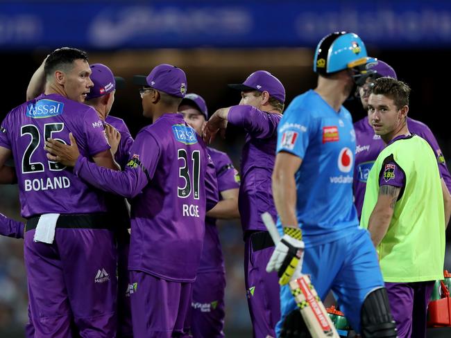 The Hobart Hurricanes celebrate the wicket of Phil Salt at the Adelaide Oval.