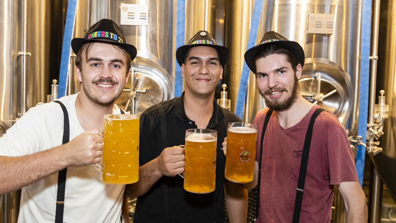 At Oktoberfest are (from left) Brandon Bevan, Elijah Williams and Taron Dawson at The Brewhouse, Saturday, October 22, 2022. Picture: Kevin Farmer