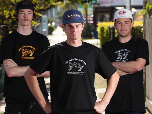 Alfreds Apartment had hundreds of dollarsÃ worth of sunglasses and a safe which contained a sum of cash stolen during a robbery spree last month. The eatery and boutique have released T-Shirts to help try and catch the culprits. Left to right ,Kobe Graf, Nathan Wright, and Ed Hatcher keeping the spotlight on the crooks. Picture Glenn Hampson