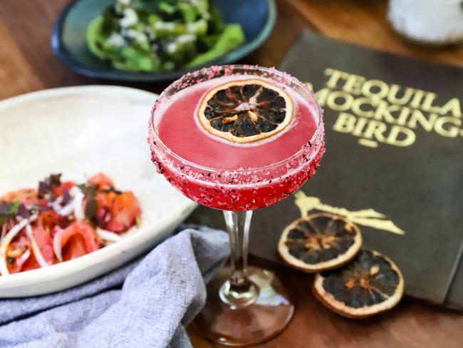 Tequila Mockingbird’s salmon carpassion and Hibiscus Margarita. Picture: Jenifer Jagielski 