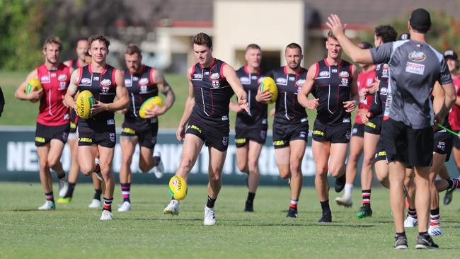 St Kilda hard at training at the redeveloped Moorabbin ground. 