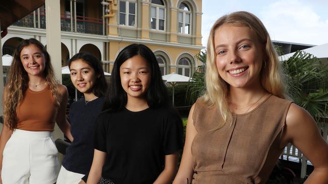 Brisbane Girls Grammar School students Matina Samios, 18, Sally Hallahan, 18, Mia Li, 17, and Matisse Black, 18, anticipating their ATAR, Spring Hill. Photographer: Liam Kidston