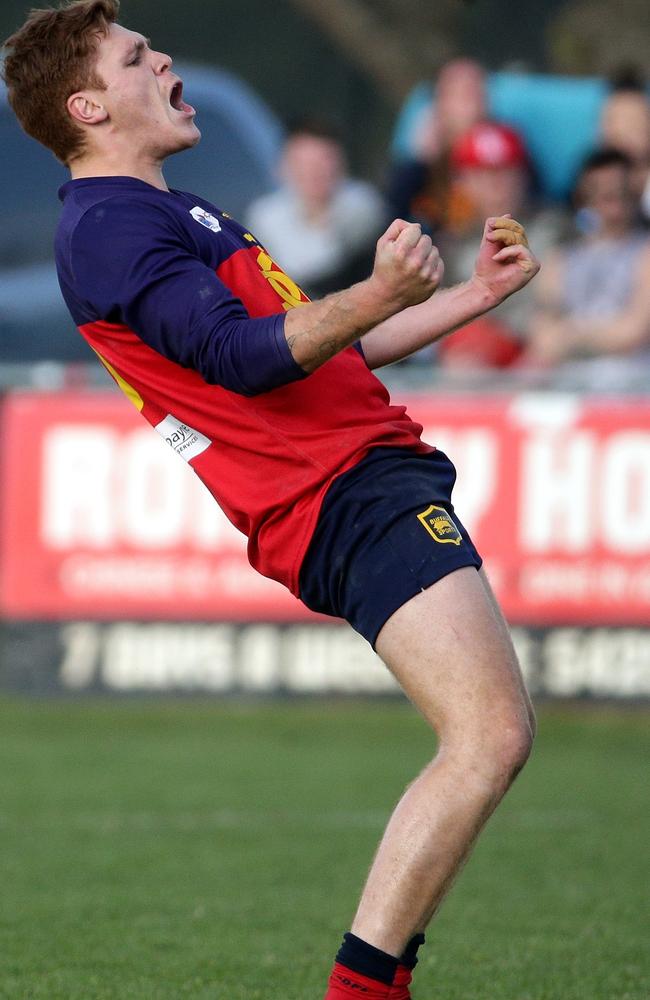 Jason Williams celebrating a goal for Diggers Rest in the 2015 grand final.