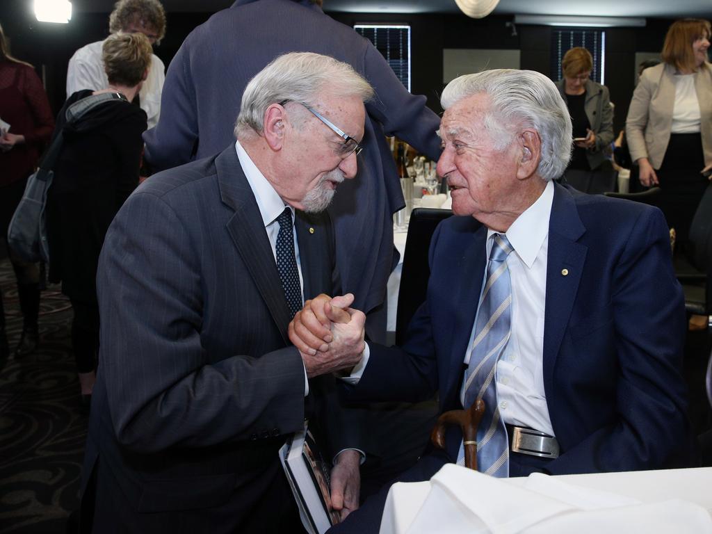 Chancellor of The Australian National University Gareth Evans and Former Prime Minister of Australia Bob Hawke at the National Press Club in Canberra. Picture: Gary Ramage