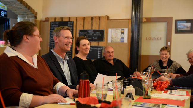 Dan van Holst Pellekaan, second from left, at a meeting of the Southern Flinders Food Group at The Commercial Hotel in Orroroo. Picture: Naomi Jellicoe