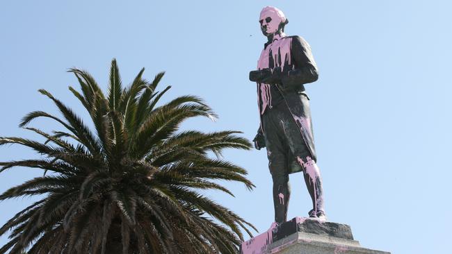 Pink paint is seen covering the head of the James Cook statue in St Kilda on January 25, 2018.