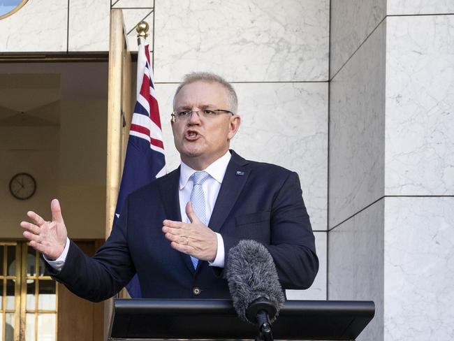 CANBERRA, AUSTRALIA-NCA NewsWire Photos JULY 21 2020The Prime Minister Scott Morrison and the Treasurer Josh Frydenberg during a press conference at Parliament House in Canberra, talking about the future of the Job Seeker and job Keeper programs. Picture: NCA NewsWire / Gary Ramage