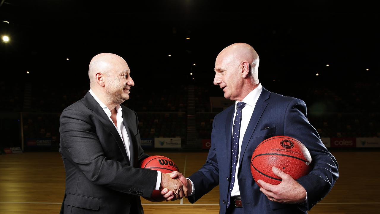 NBL owner and executive chairman Larry Kestelman and Tasmanian Premier Peter Gutwein today announced that the leagues 10th team would be based in Tasmania. Picture: Zak Simmonds