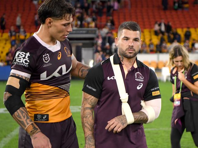 Jordan Riki consoles Adam Reynolds after the match against the Roosters. Picture: NRL Imagery