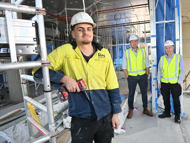 13/9/24. SafeWork SA story on Apprentices Safety - Second Year Apprentice Antony Palazzo - 18 with Luke Walsh CEO of TAPS (TAPS is a group training provider) and Graeme Webster (TAPS WHS& Compliance Mgr).Picture: Keryn Stevens