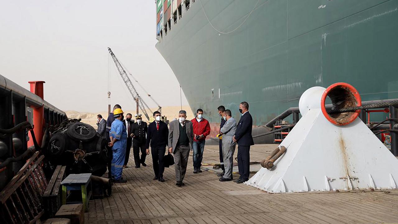 ‘It is like an enormous beached whale. It’s an enormous weight on the sand.’ Picture: Suez Canal/AFP